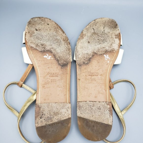 Prada Saffiano Bow Sandals White, Tan & Gold Size 39.5 - Picture 6 of 9